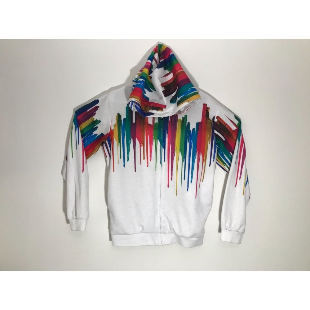 Multi Color Drip Womens L White Full Zip Hoodie Sweater *6